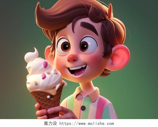 夏日夏季孩子开心的吃冰激凌甜筒的卡通风格插画